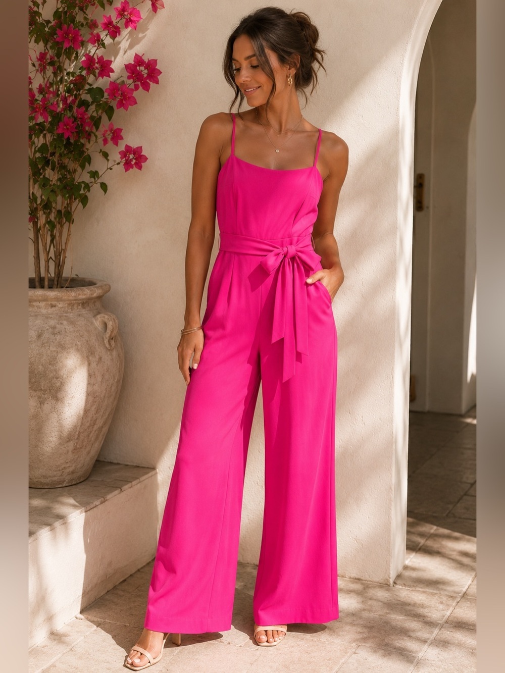 Nine West Hot Pink Wide Leg Jumpsuit XS Tie Waist Sleeveless Barbiecore